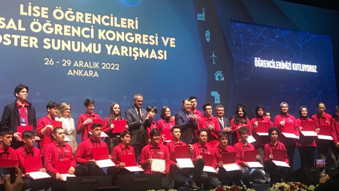 Lise Öğrencileri Ulusal Öğrenci Kongresi ve Poster Sunumu Yarışmasından Mustafa Doğan Anadolu Lisesine Teşvik Ödülü